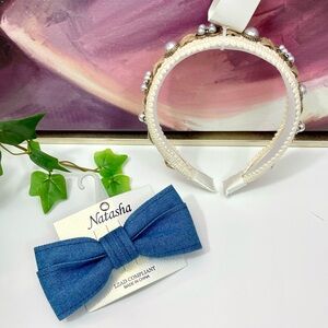 Natasha Jewelry Beaded Headband in Beige and
Natasha Denim Hair Clip‎
